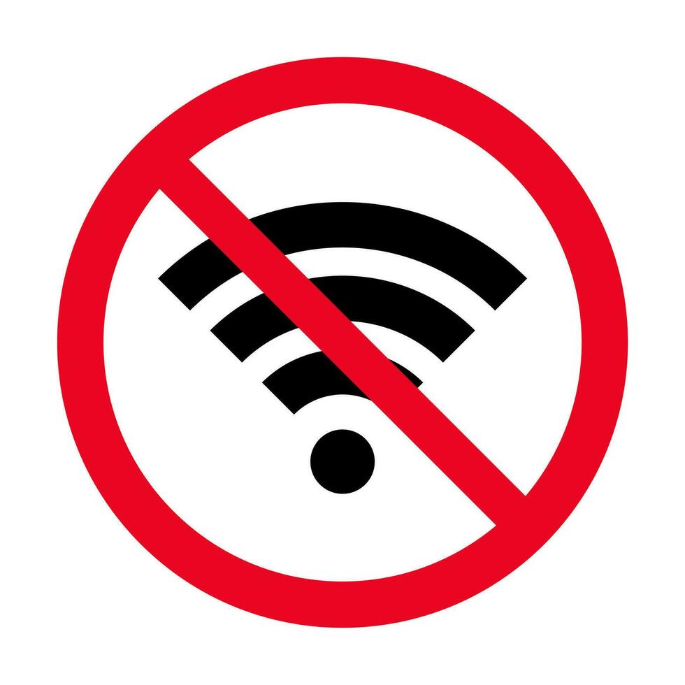 Nej trådlös wiFi eller tecken för avlägsen internet tillgång ikon vektor på vit bakgrund, röd förbud tecken. platt stil för grafisk och webb design