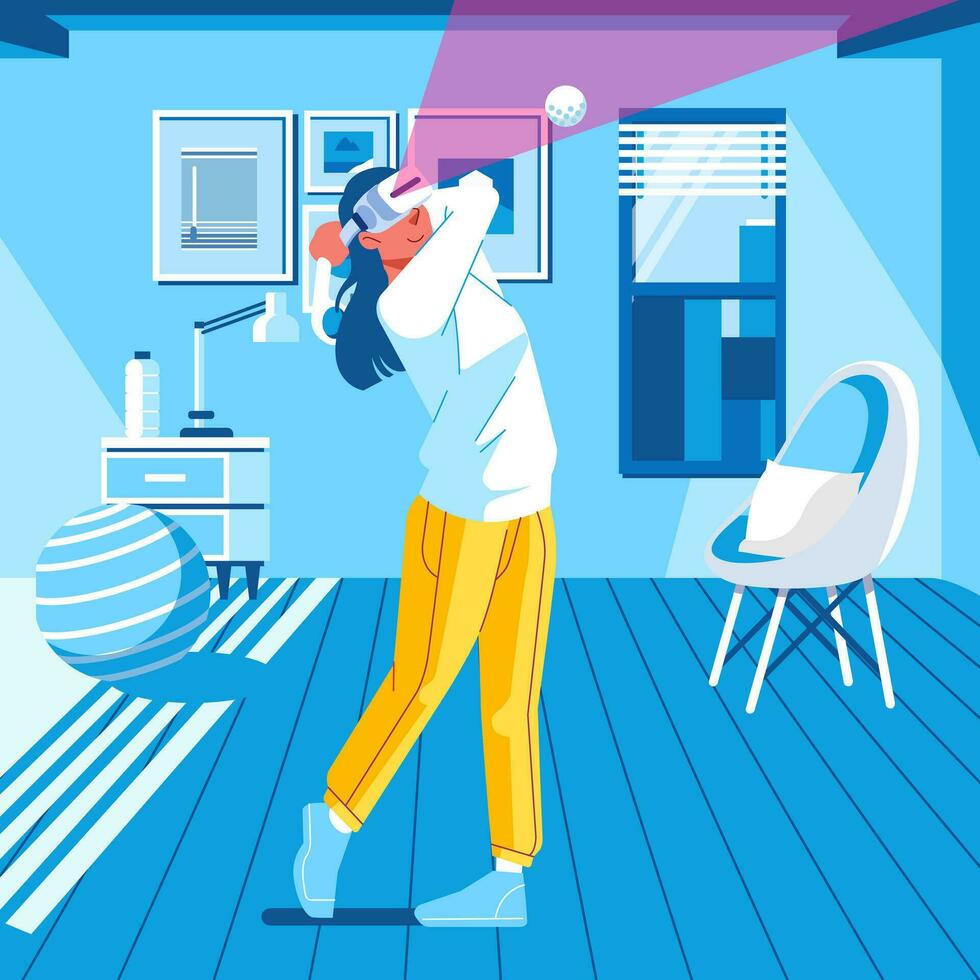 virtuell Wirklichkeit Technologie trainieren und Fitness Konzept Vektor Illustration Frau im vr Headset abspielen Golf beim Leben Zimmer