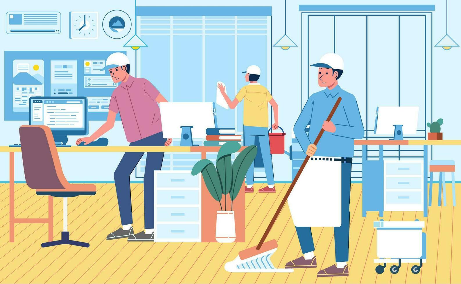 Fachmann Reinigung Service, Reinigung das Büro nach Arbeiten Std sind über. Büro Design Innere eben Vektor Illustration