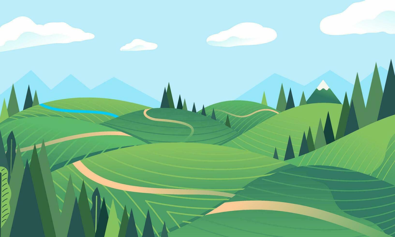 Landschaft hügel, Berg im das Hintergrund, Wald, Grün Feld, klein Fluss Vektor Illustration