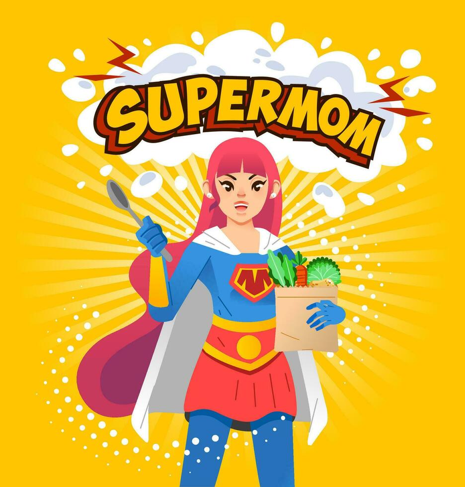 super Mutter Poster Illustration, jung Mama halten Löffel und Lebensmittel mit super Mutter Brief über und Gelb Hintergrund vektor