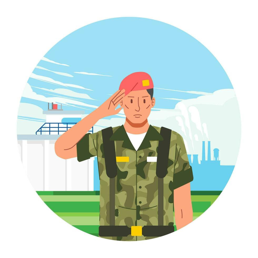 Porträt Stand durch Heer Soldat im Uniform Gruß auf Militär- Base und Kampf Fahrzeug wie Hintergrund vektor