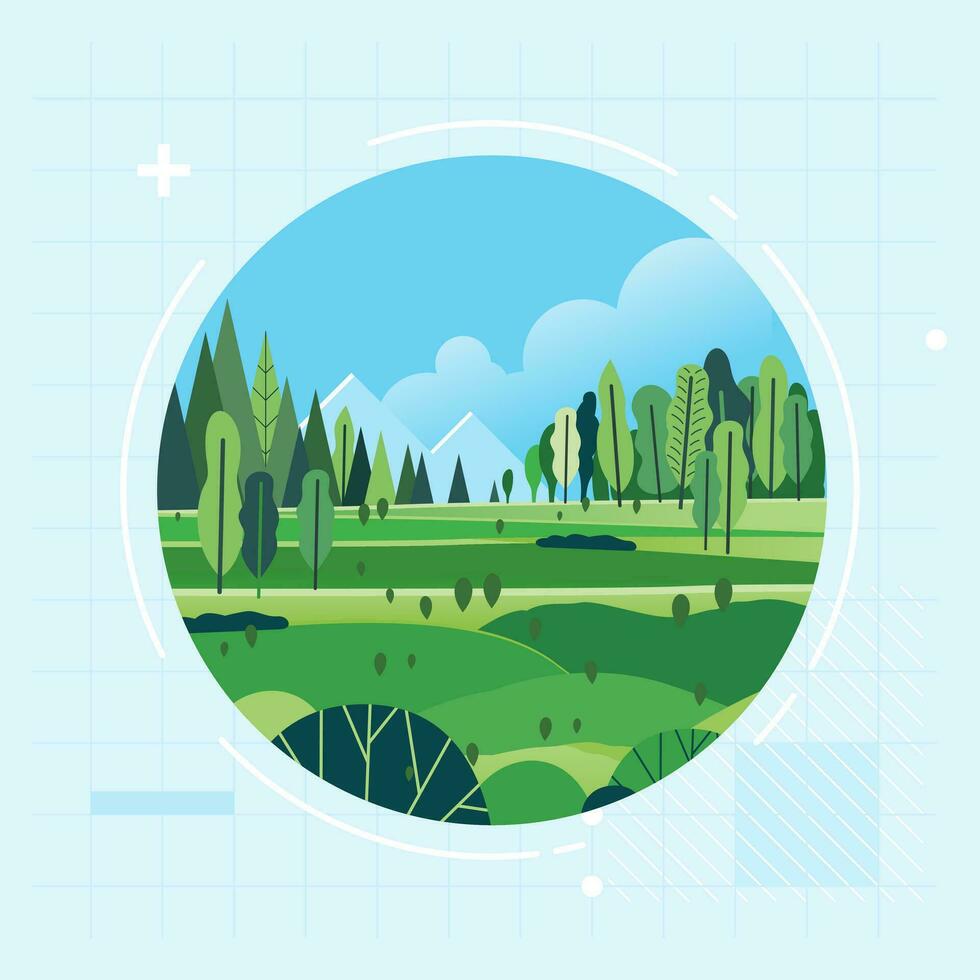 naturlig grön vår landskap parkera eller skog utomhus- bakgrund med bergen miljömässigt vänlig naturlig platt illustration cirkel ram vektor