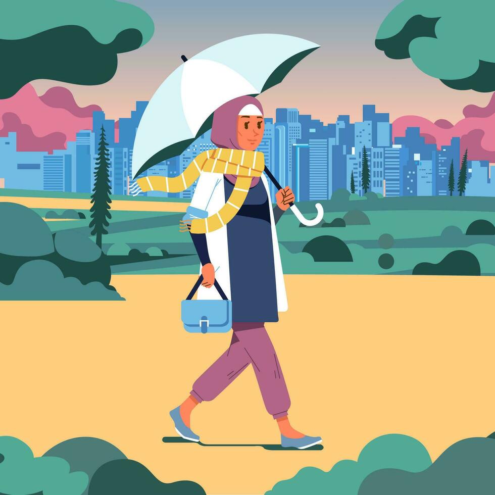 hijab kvinna gående i de parkera innehav ett paraply på en molnig dag, parkera och stadslinje som bakgrund vektor