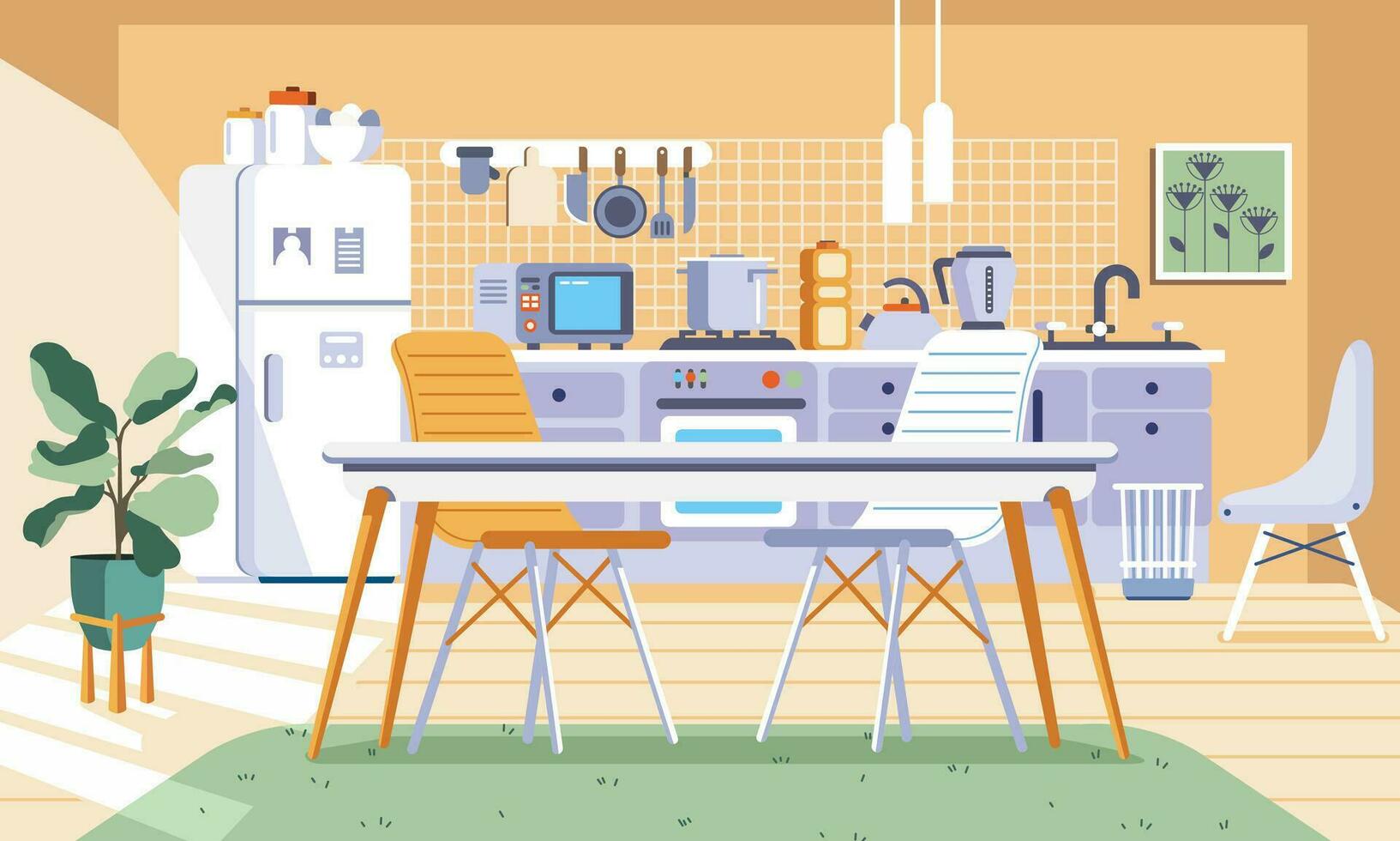 vektor illustration av kök design interiör med många apparat, möbel, dining tabell och stol i modern minimalistisk stil