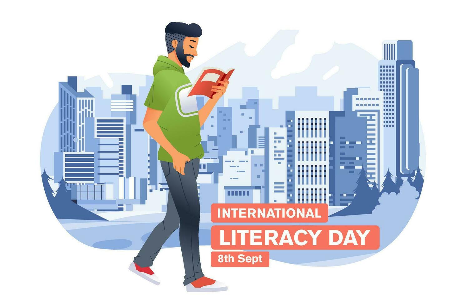 ung man läsning bok medan gående i utomhus- i stad parkera med stad byggnad som bakgrund för internationell kunnighet dag vektor