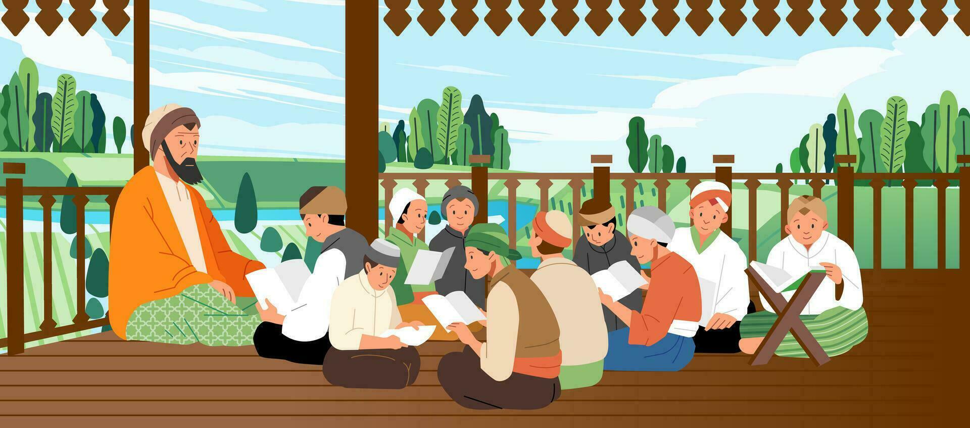 islamic religiös utbildning över ombordstigning skolor pesantren i indonesiska kultur, lärare och studenter lära sig till läsa de alquran vektor