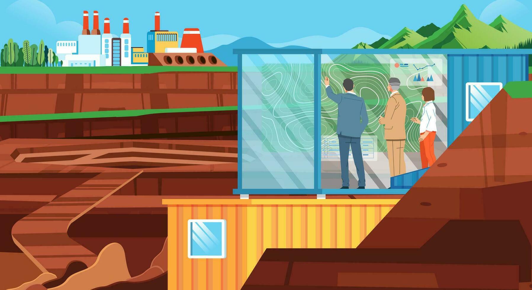 steuern Geschäftsmann und Investor prüfen Fabrik und Bergwerk von Container Büro mit Digital Bildschirm ökologisch freundlich Landschaft Bergwerk Produktion vektor
