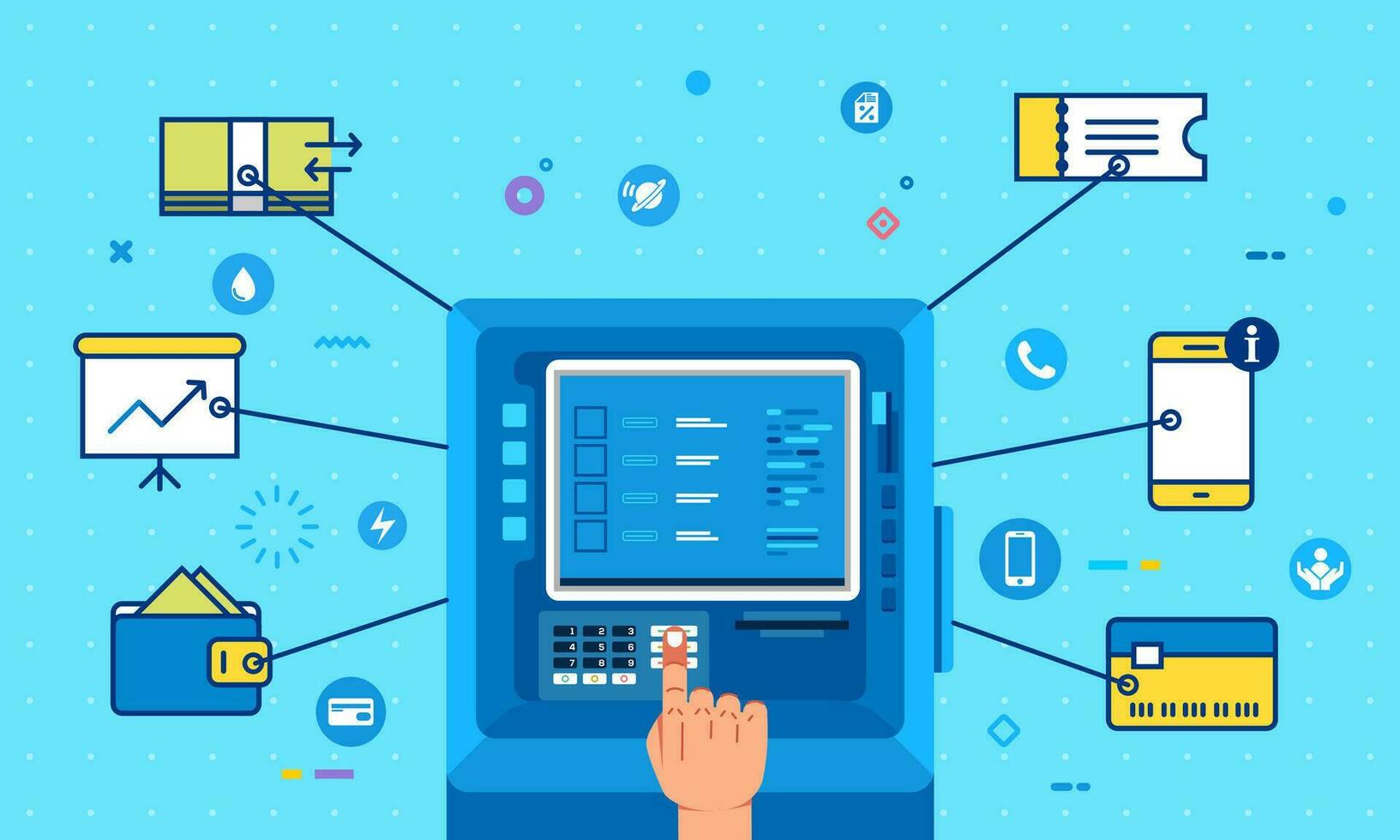 hand fungera Bankomat maskin för betalande räkningar. små ikon av smartphone, Diagram, kort, plånbok, pengar runt om vektor