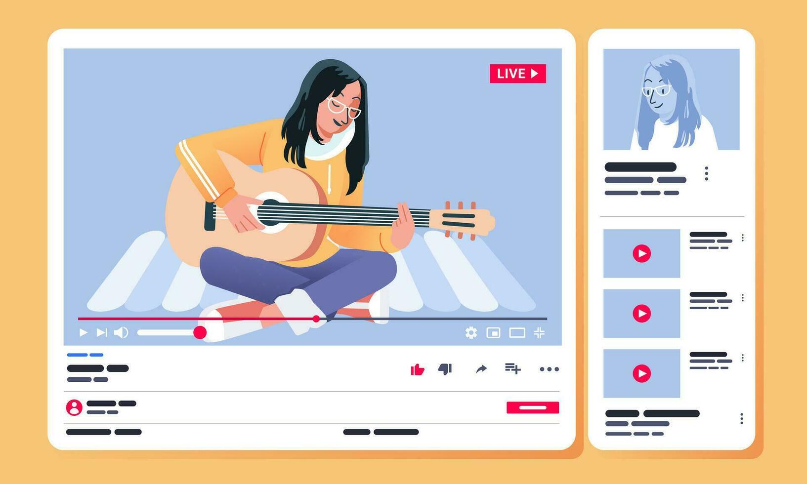 jung Mädchen spielen Gitarre während Singen im Video Inhalt auf Video Teilen Chanel auf Desktop Aussicht Vektor Illustration