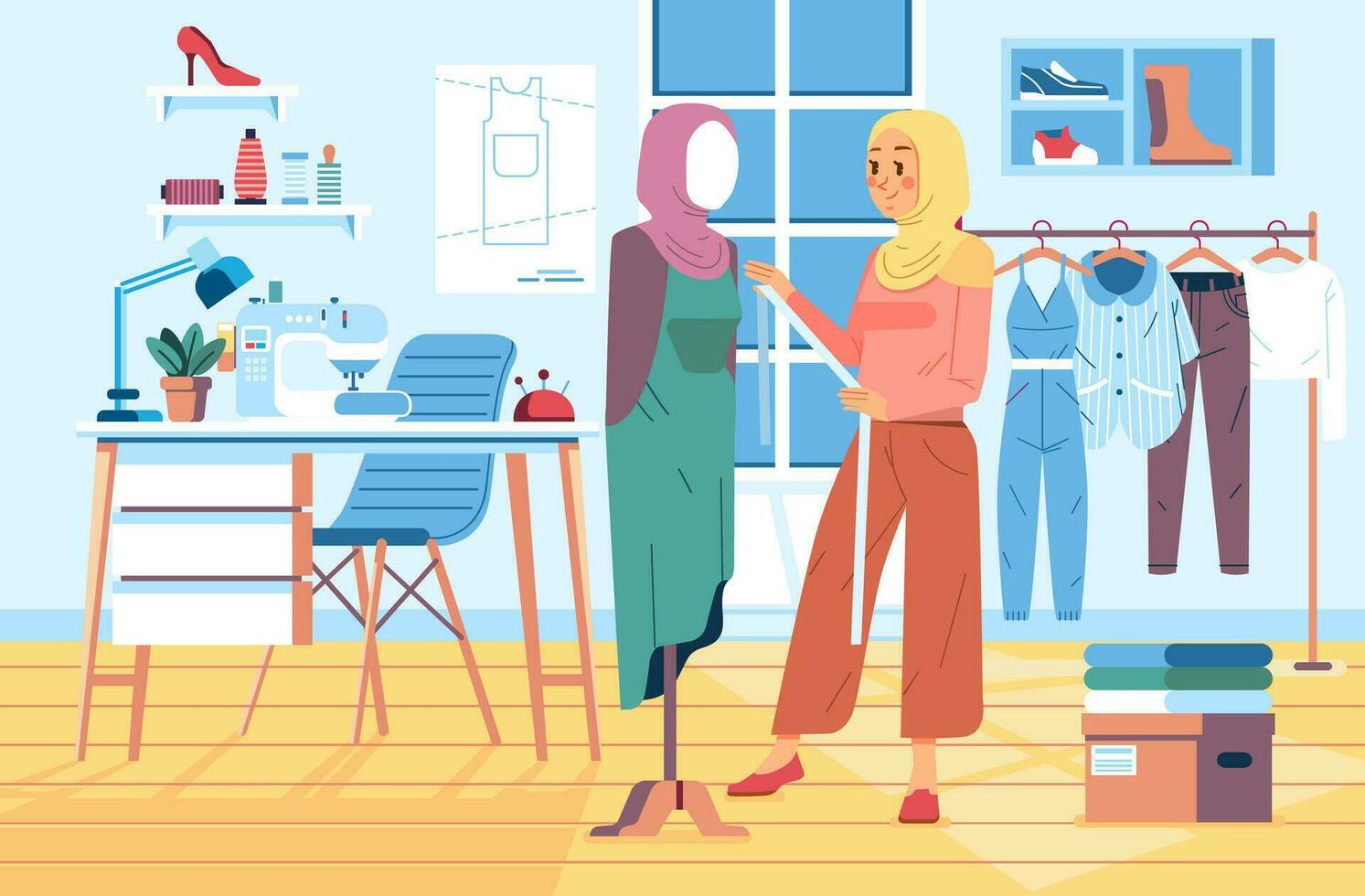 Hijab Frauen messen ein Kleid im das Skulptur zum Herstellung ein Muster im das Werkstatt,mit Kleider Gestell, Nähen Maschine und Stoff um vektor