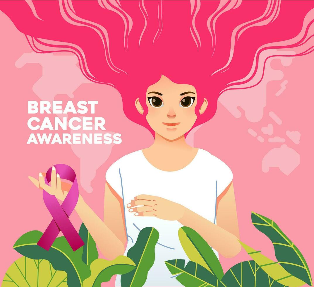 Brust Krebs Bewusstsein Kampagne Poster mit Frauen halten Rosa Band und Pflanze Element und Rosa Hintergrund vektor