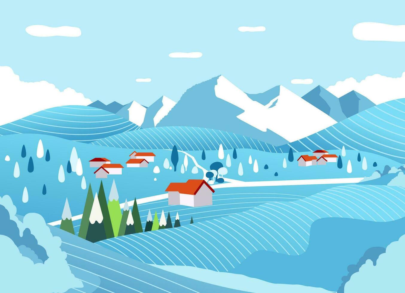 lantlig landskap i vinter- med berg i de bakgrund platt vektor illustration