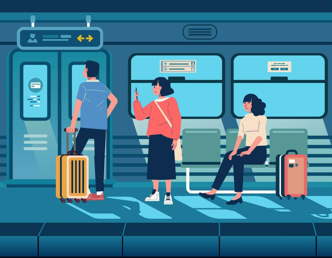 passagerare väntar för de tåg anlända i de station väntar rum platt vektor illustration