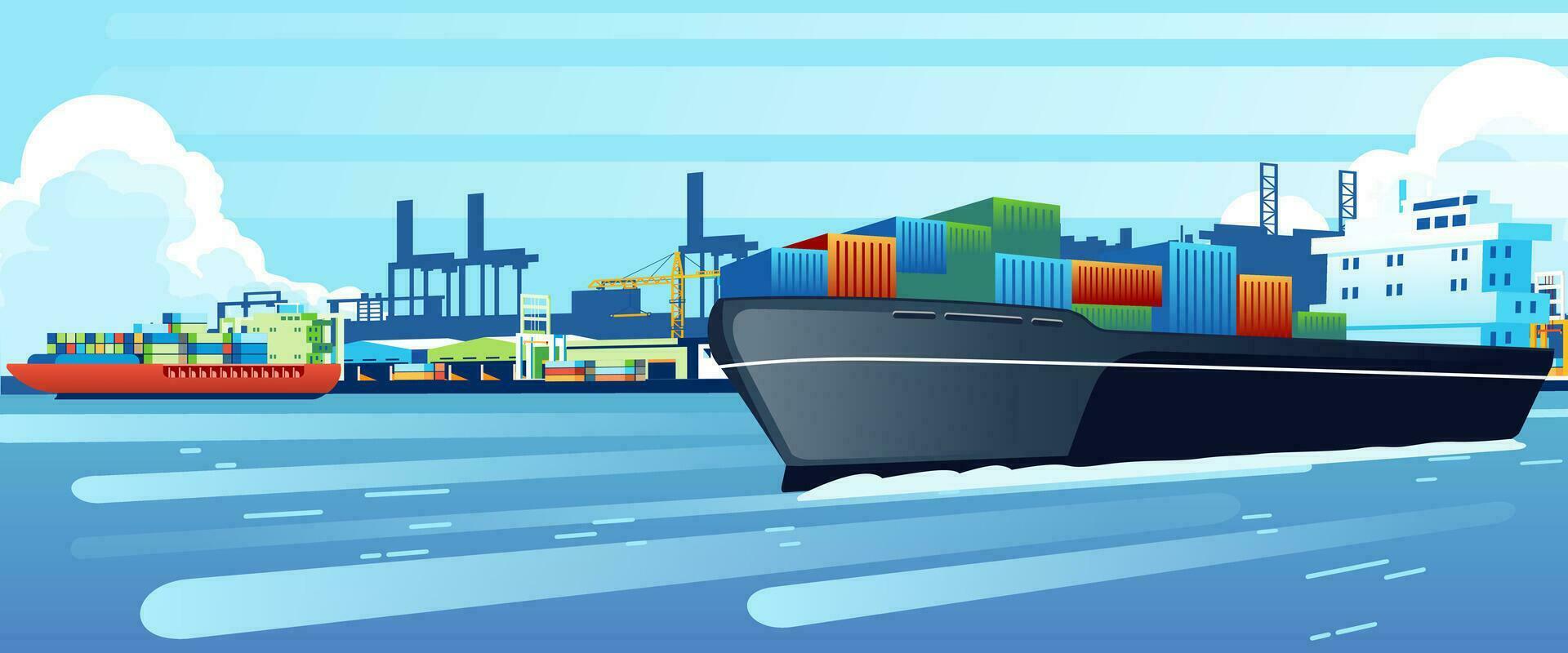frakt fartyg på hav hamn docka, fartyg med behållare av varor i varv hamn, importera och exportera logistik tjänster transport vektor