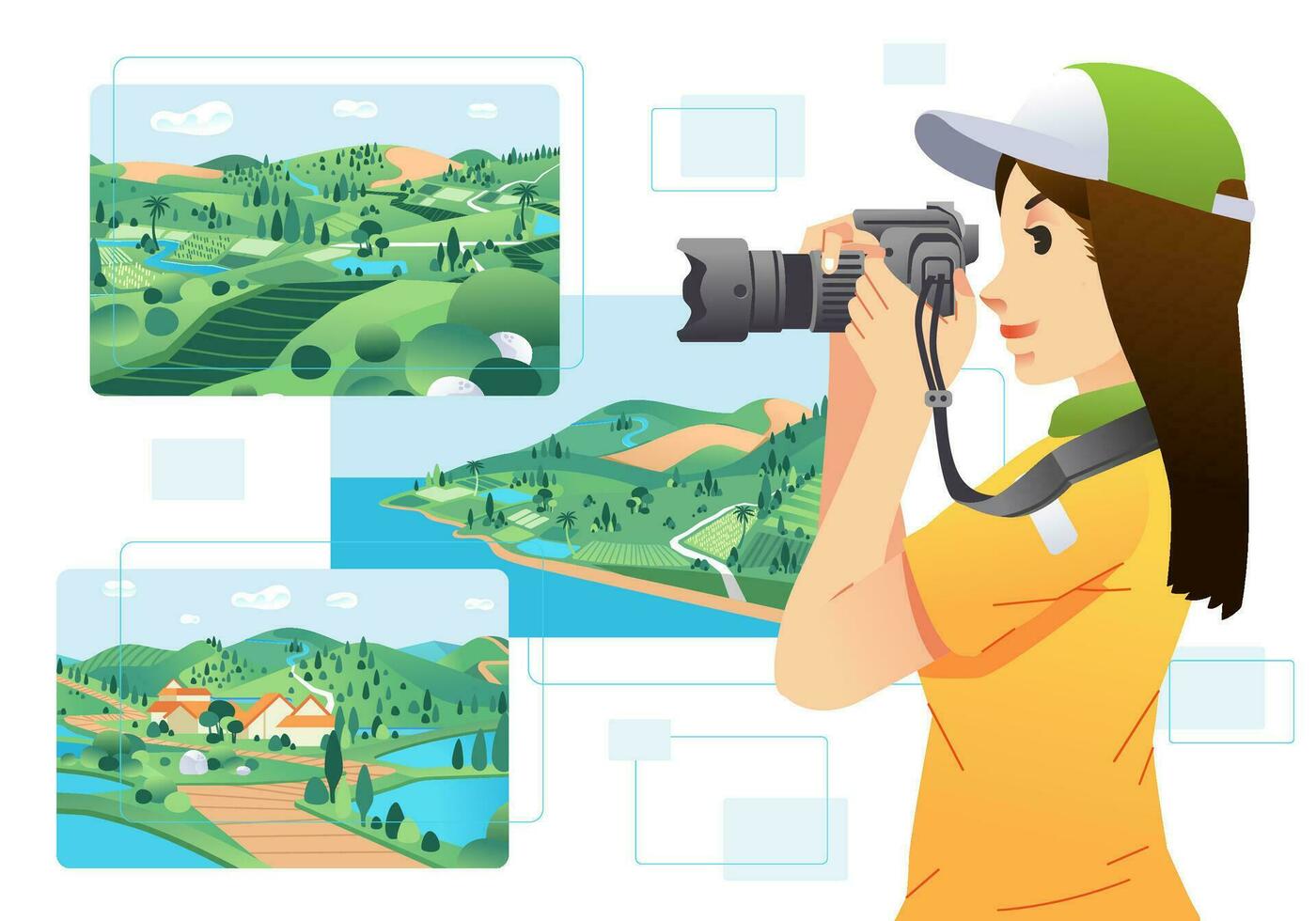 jung Frauen Fotograf halten ein Kamera und nehmen Bilder von das Landschaft Vektor Illustration