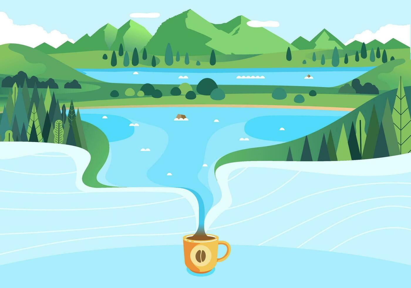 natur kaffe illustrerade med skön berg landskap häller in i kopp av kaffe platt vektor illustration