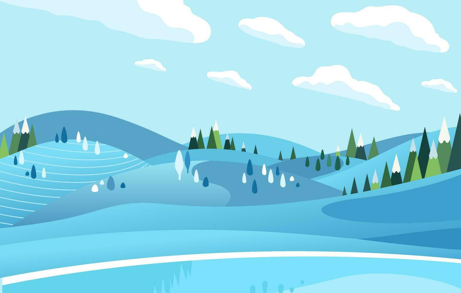 frysta sjö och kulle med träd i de vinter- tid täckt förbi snö platt vektor illustration