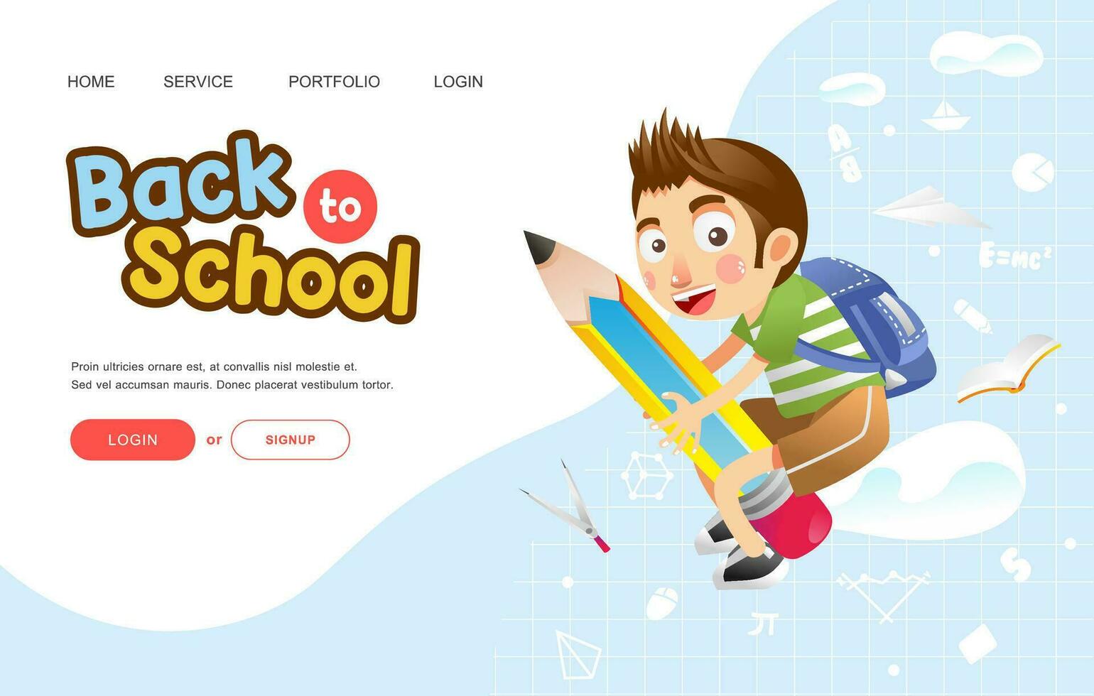 tillbaka till skola baner eller affisch med pojke med Lycklig ansikte rida på stor penna vektor illustration
