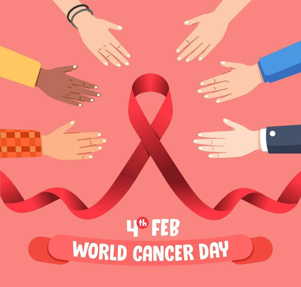 värld cancer dagar kampanj affisch illustration, händer med annorlunda hud Färg och kläder med röd band i de Centrum vektor