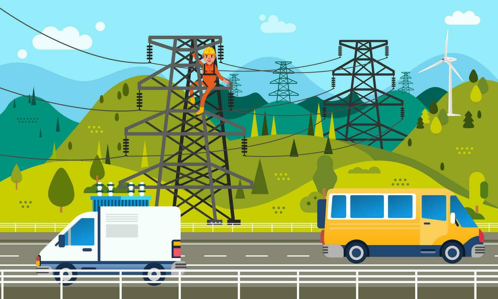 platt illustraiton av elektriker reparation kraft Pol med de kullar som bakgrund och bil godkänd förbi på de gata vektor