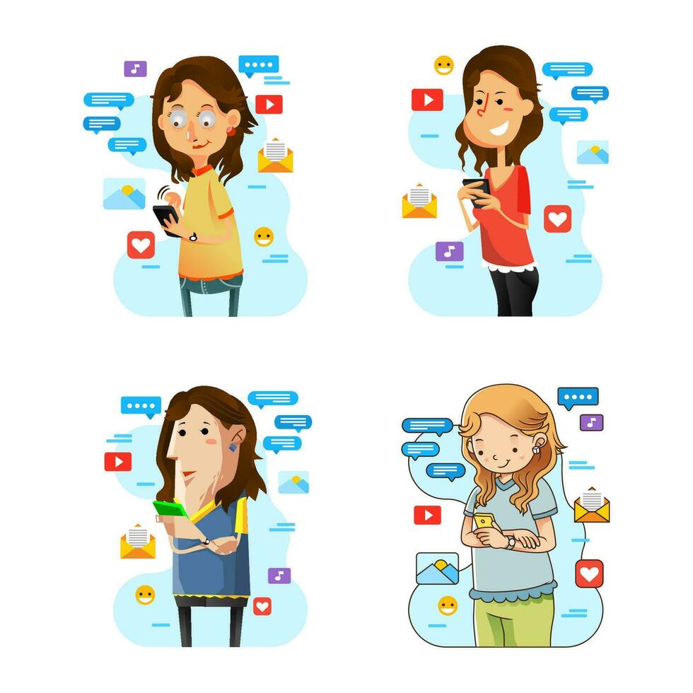 samling illustration av kvinnor bärande smartphone tillträde social media med annorlunda design stil vektor