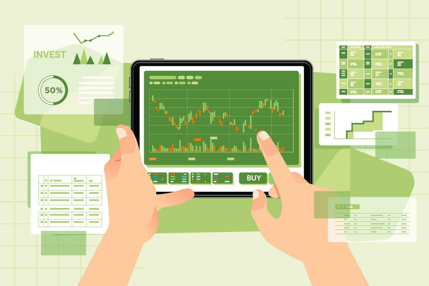 Hände halten ein Tablette mit finanziell Diagramm und Graph Daten Analyse Konzept Strategie Planung Vektor Illustration