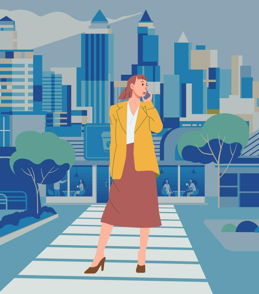stilvoll Frau modisch Outfit mit ein Smartphone Stehen das Bürgersteig im das Mitte von das Stadt vektor