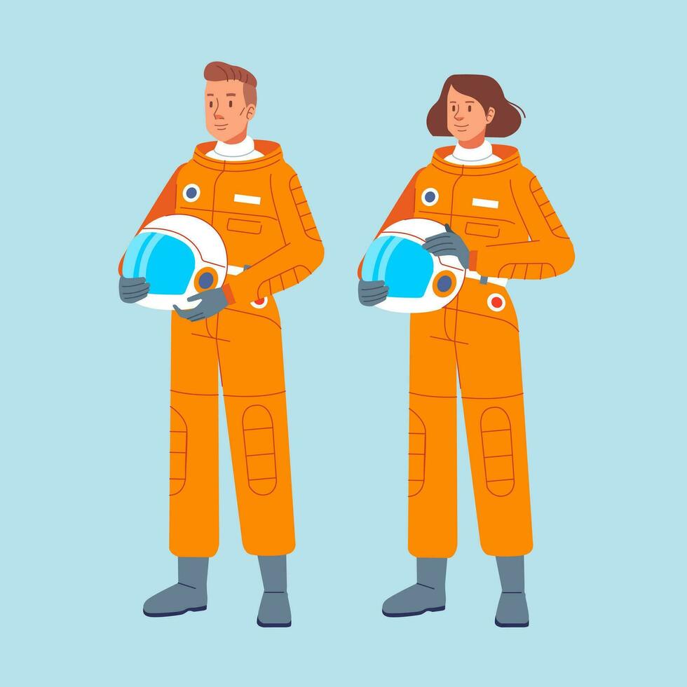manlig och kvinna kosmonaut med hjälm och rymddräkt. man kvinna astronout karaktär vektor