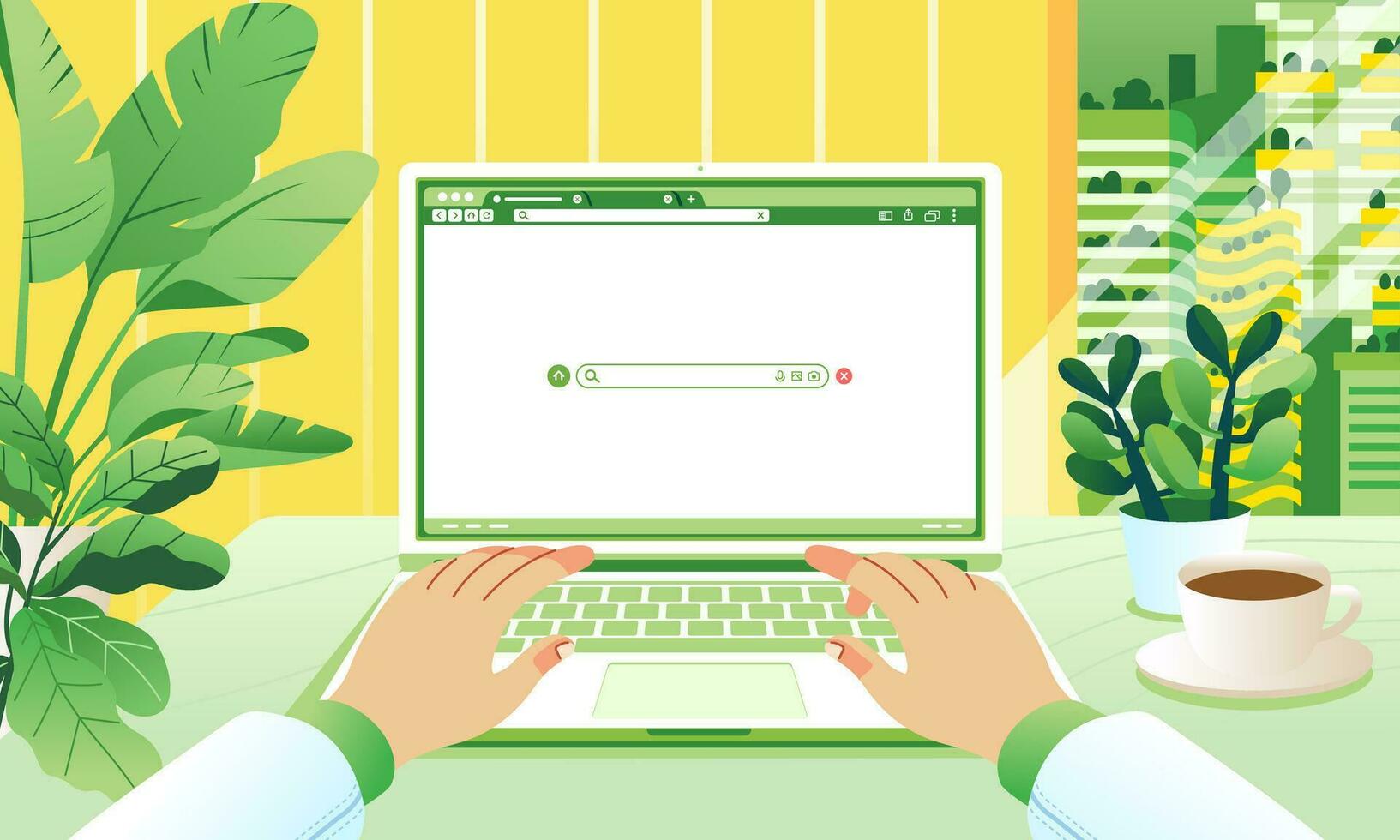 Geschäft Hände Tippen mit Grün Pflanzen um das Tabelle Browser auf Bildschirm. Büro Schreibtisch Konzept. Grün Stadt Landschaft auf Fenster Aussicht vektor