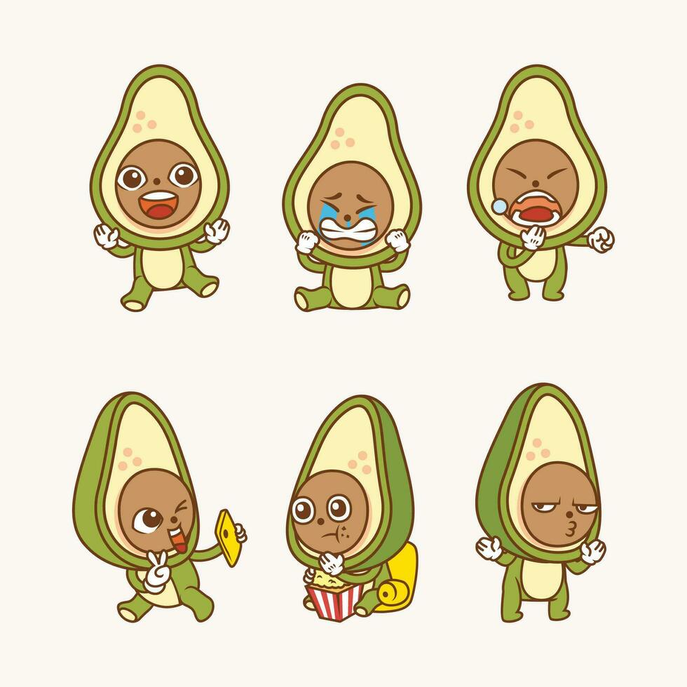 Sammlung Charakter von süß Avocado mit anders Geste und Gesichts- Ausdruck Vektor Illustration