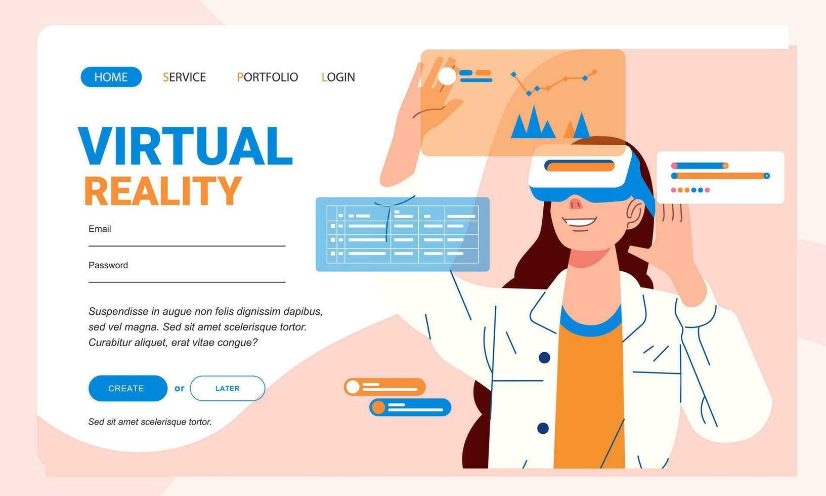 falsk upp design hemsida platt design begrepp virtuell verklighet plattform de flicka med vr glasögon spela innehåll inuti vektor illustration