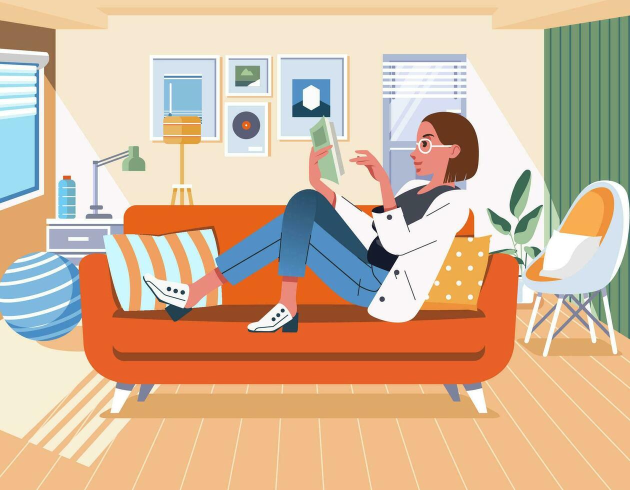 Frauen lesen ein Buch während Lügen auf Sofa im das Leben Zimmer beim Zuhause mit modern minimalistisch Innere eben Vektor Illustration
