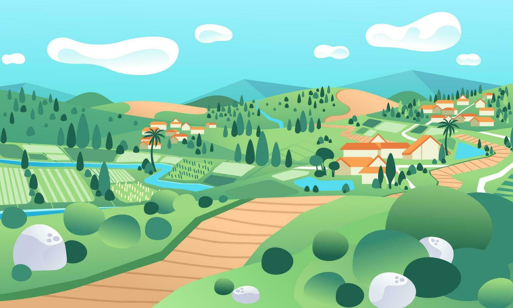 Land Landschaft mit Reisfeld und Häuser im das Hügel Vektor Illustration