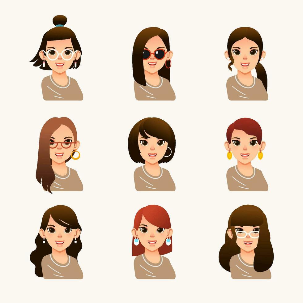 Sammlung von jung Frau mit anders modern Haar Stil, lange Haar, kurz Haar, lockig, Salon Frisur und Haarschnitt Vektor Illustration
