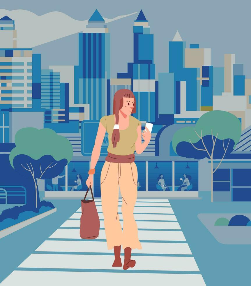 stilvoll Frau modisch Outfit mit ein Smartphone Gehen durch das Bürgersteig im das Mitte von das Stadt vektor