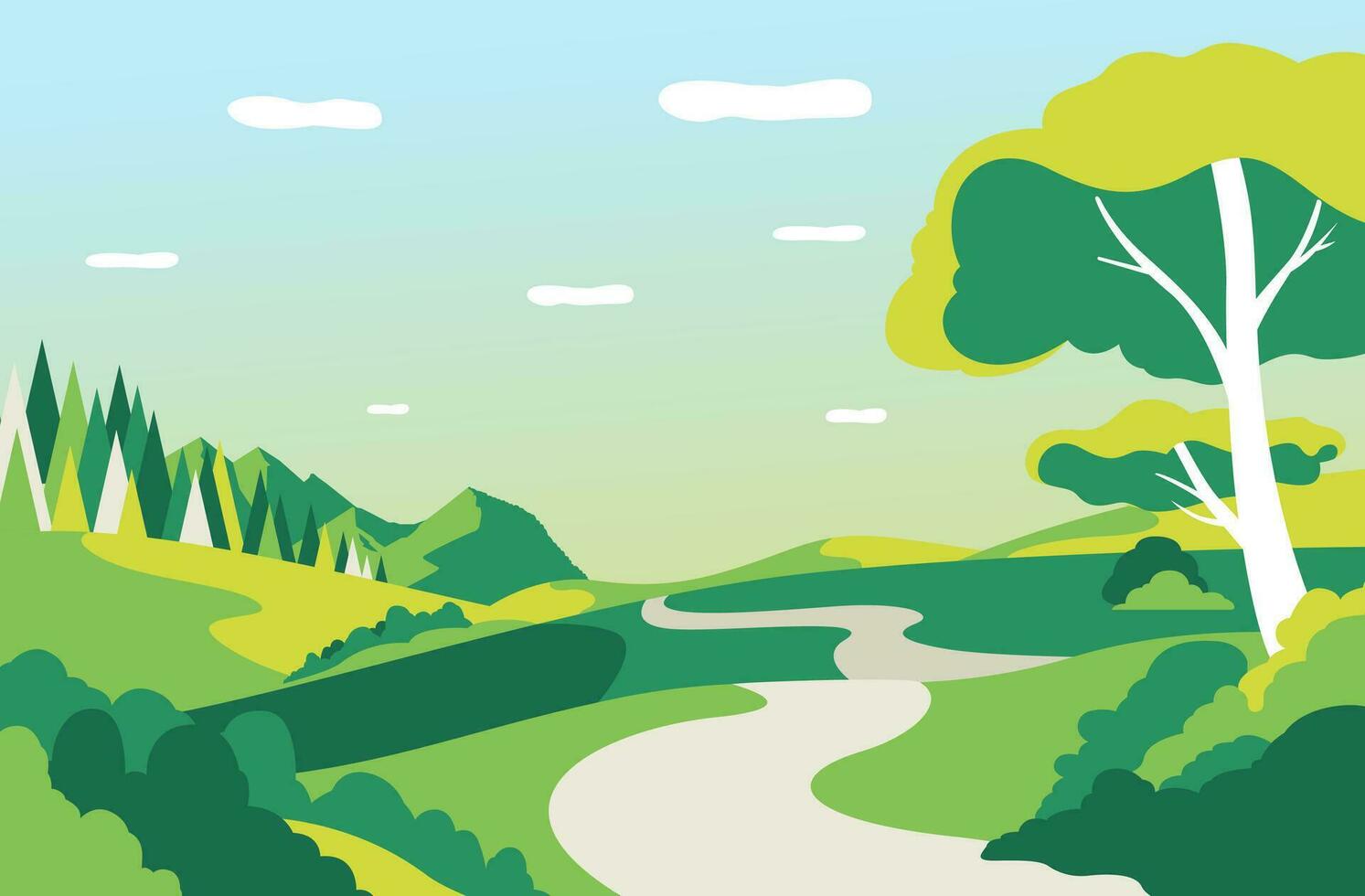 vektor illustration av skön landskap med väg, träd och blå himmel