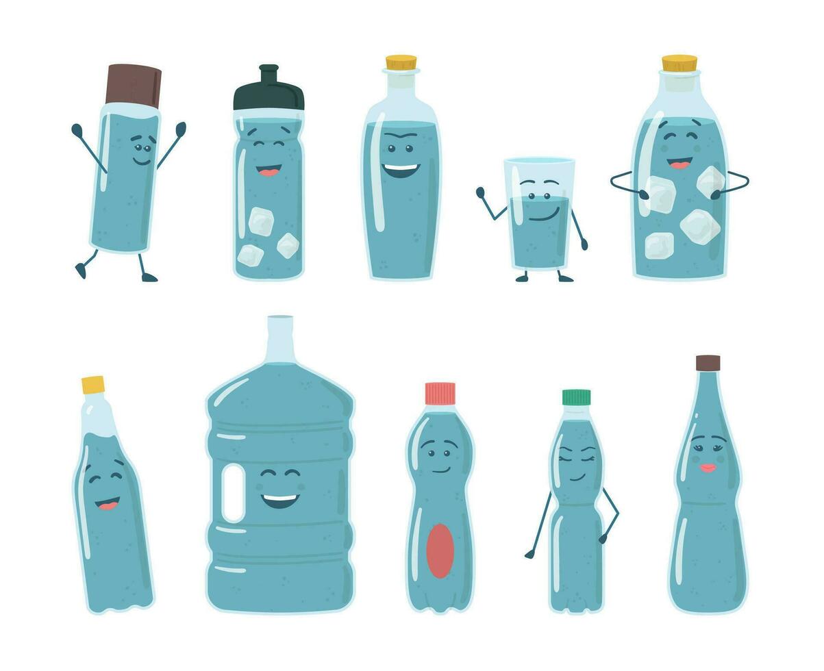 tecknad serie Färg tecken rolig stor och små flaskor uppsättning platt design stil. vektor illustration av maskot flaska