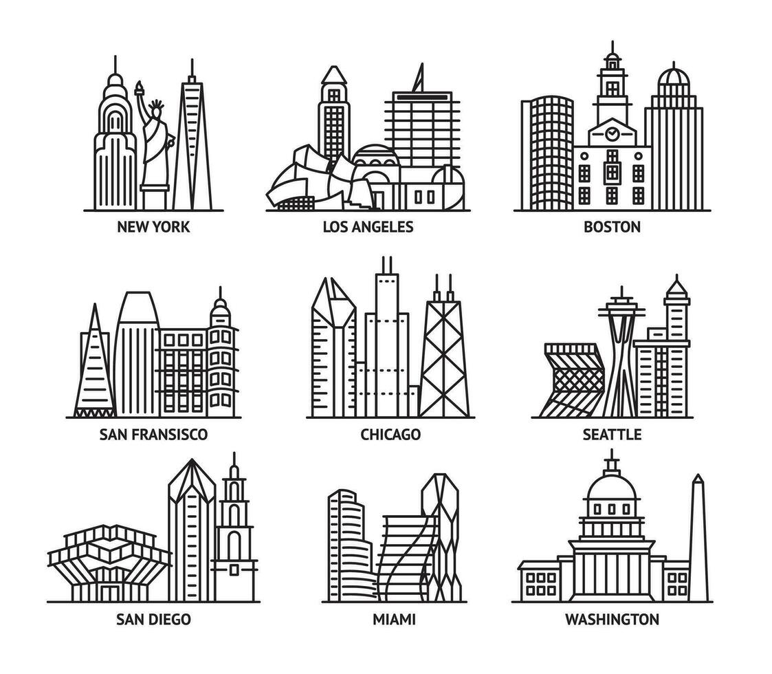 USA städer tecken kontur linjär ikon uppsättning. vektor