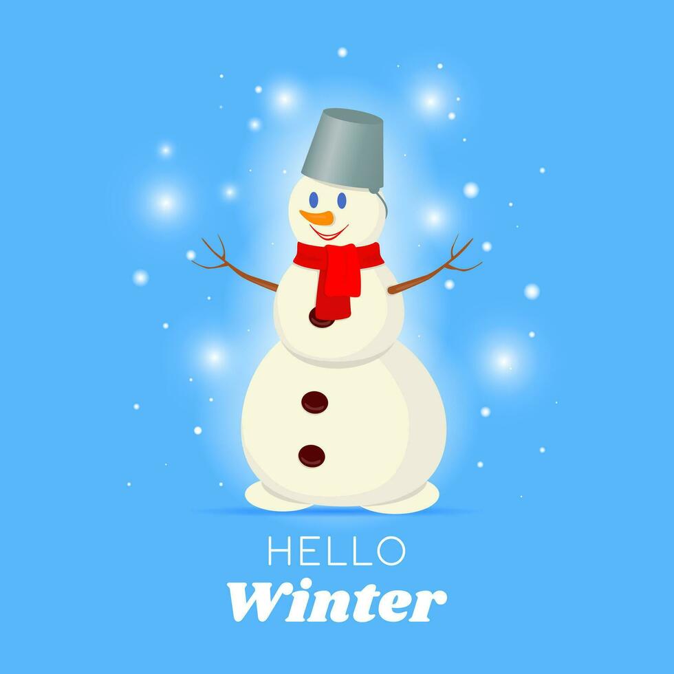 vektor illustration. vinter- kort med söt snögubbe i kastare hatt, och inskrift Hej vinter. festlig mall för affisch, baner, hälsning kort, inbjudan för ny år och jul.