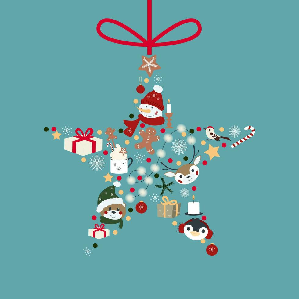 Vektor Weihnachten Star mit süß Reh, Pinguin, Schneemann und tragen, Dekorationen, Beleuchtung, Sterne. Illustration zum Gruß Karte, Poster, Banner, Einladungen.