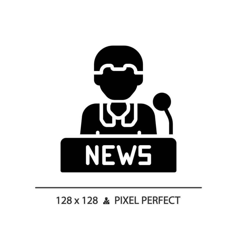 2d pixel perfekt glyf stil newscaster ikon, isolerat vektor, tunn linje illustration representerar journalistik. vektor