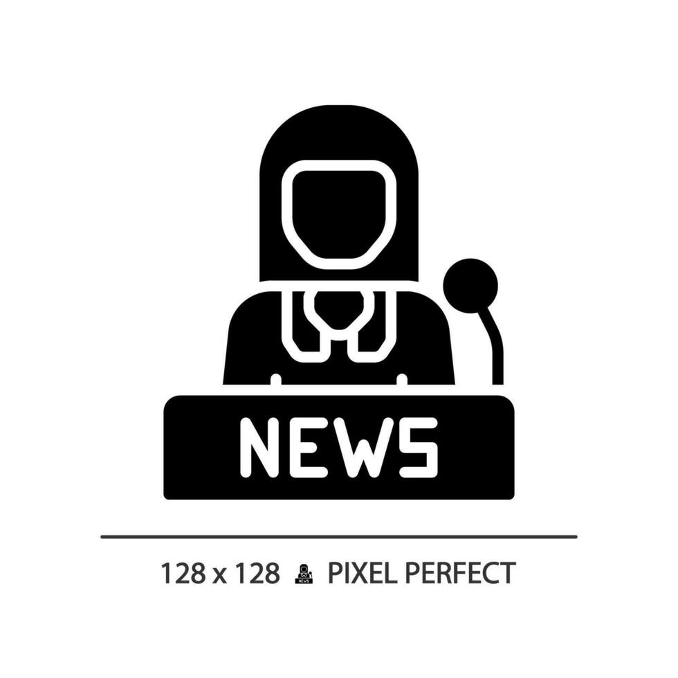 2d pixel perfekt glyf stil kvinna newscaster ikon, isolerat vektor, tunn linje illustration representerar journalistik. vektor