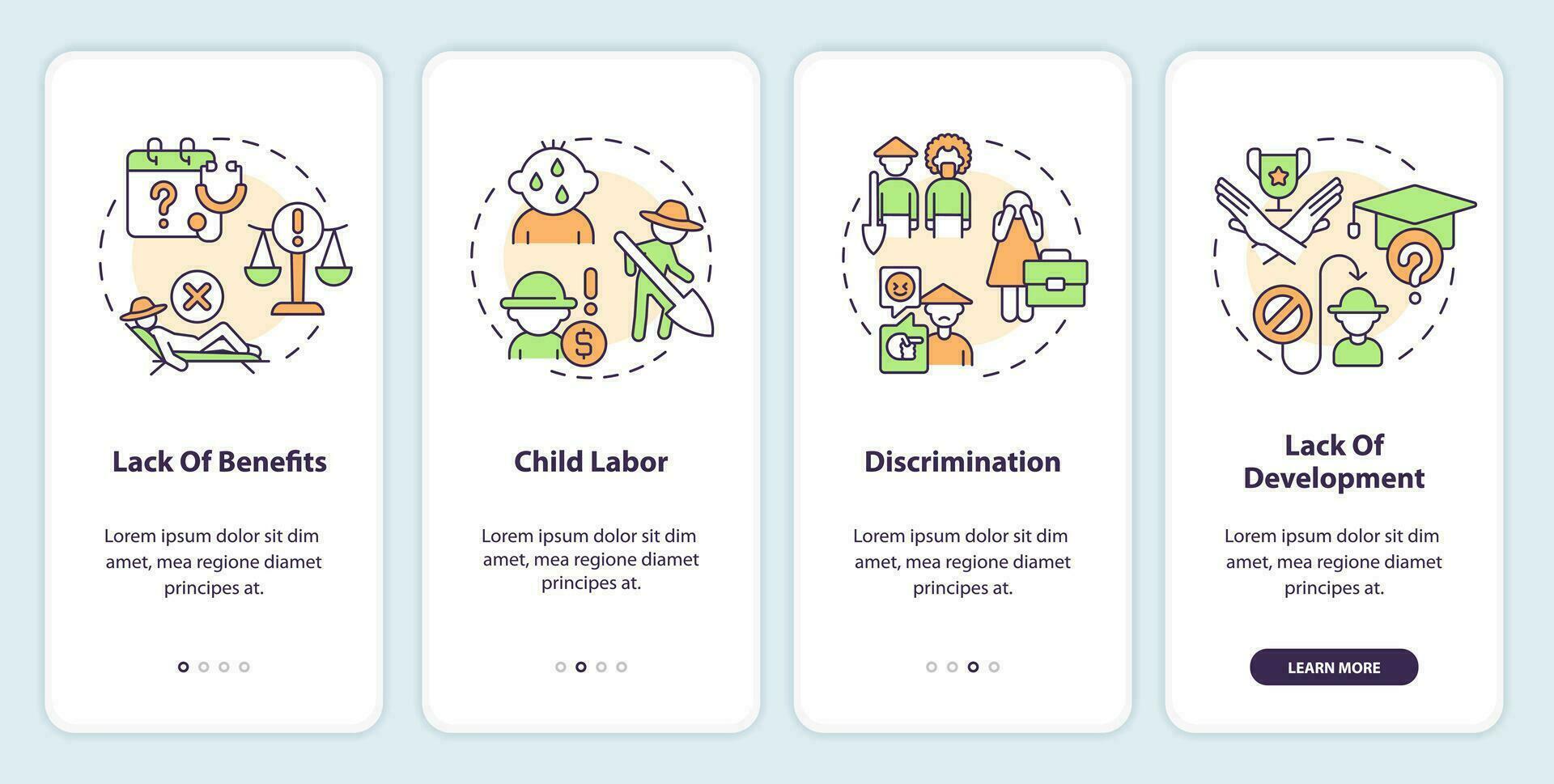 arbetskraft problem i lantbruk onboarding mobil app skärm. social problem genomgång 4 steg redigerbar grafisk instruktioner med linjär begrepp. ui, ux mall vektor