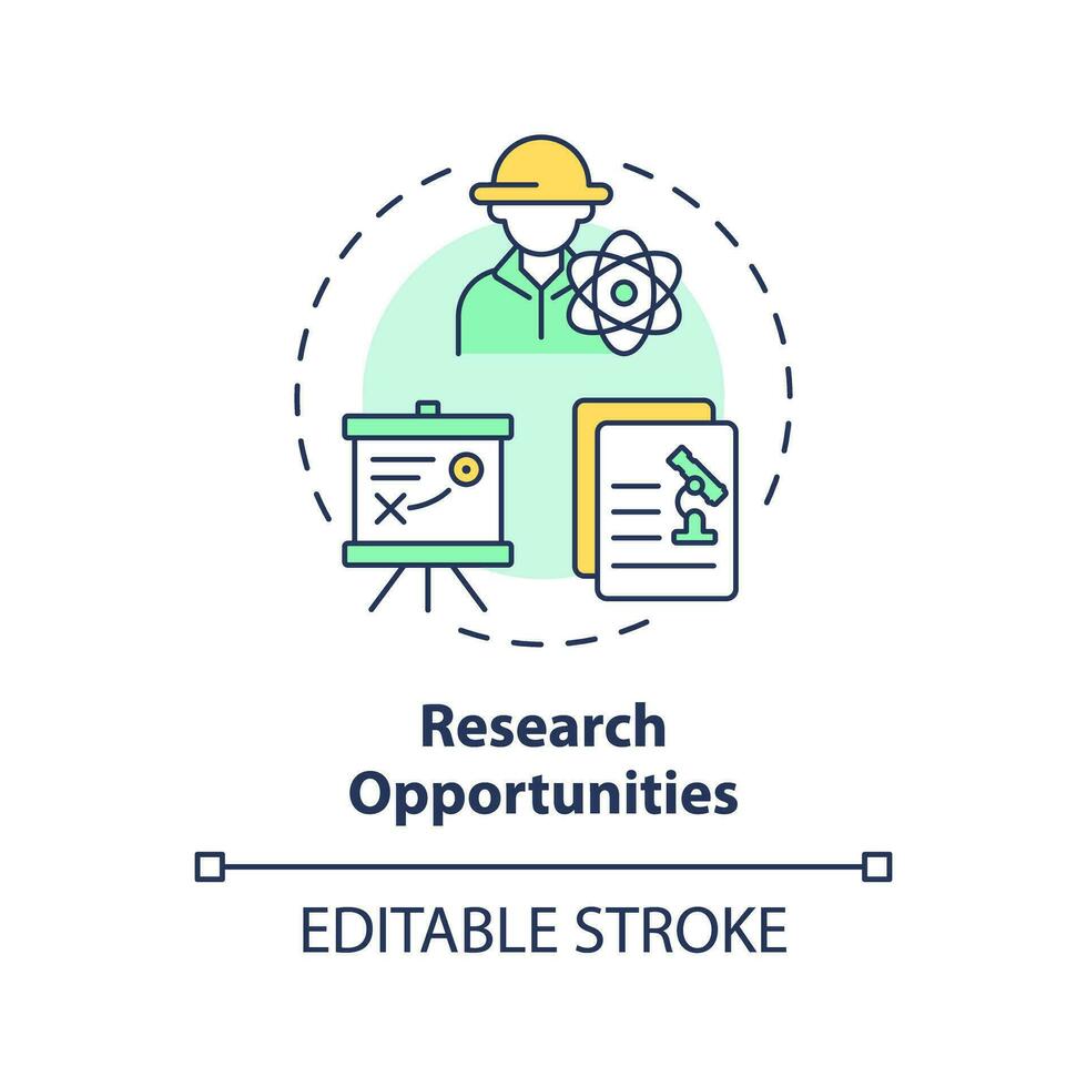 Forschung Chancen multi Farbe Konzept Symbol. Universität Student. landwirtschaftlich Wissenschaft. Hochschule Programm. Labor Wissenschaftler. runden gestalten Linie Illustration. abstrakt Idee. Grafik Design vektor