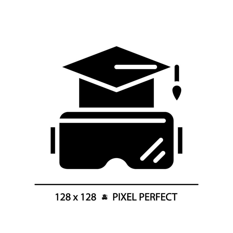 2d pixel perfekt glyf stil vr glasögon och utbildning ikon, isolerat vektor, silhuett illustration representerar vr, ar och herr. vektor