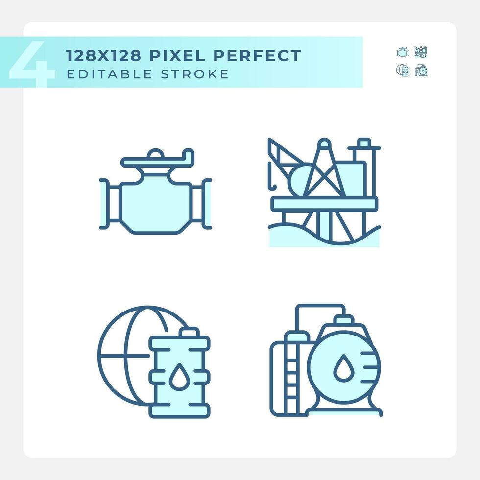 petroleum distribution ljus blå ikoner. energi infrastruktur. olja och gas industri. offshore borrning. rgb Färg. hemsida ikoner uppsättning. enkel design element. kontur teckning. linje illustration vektor
