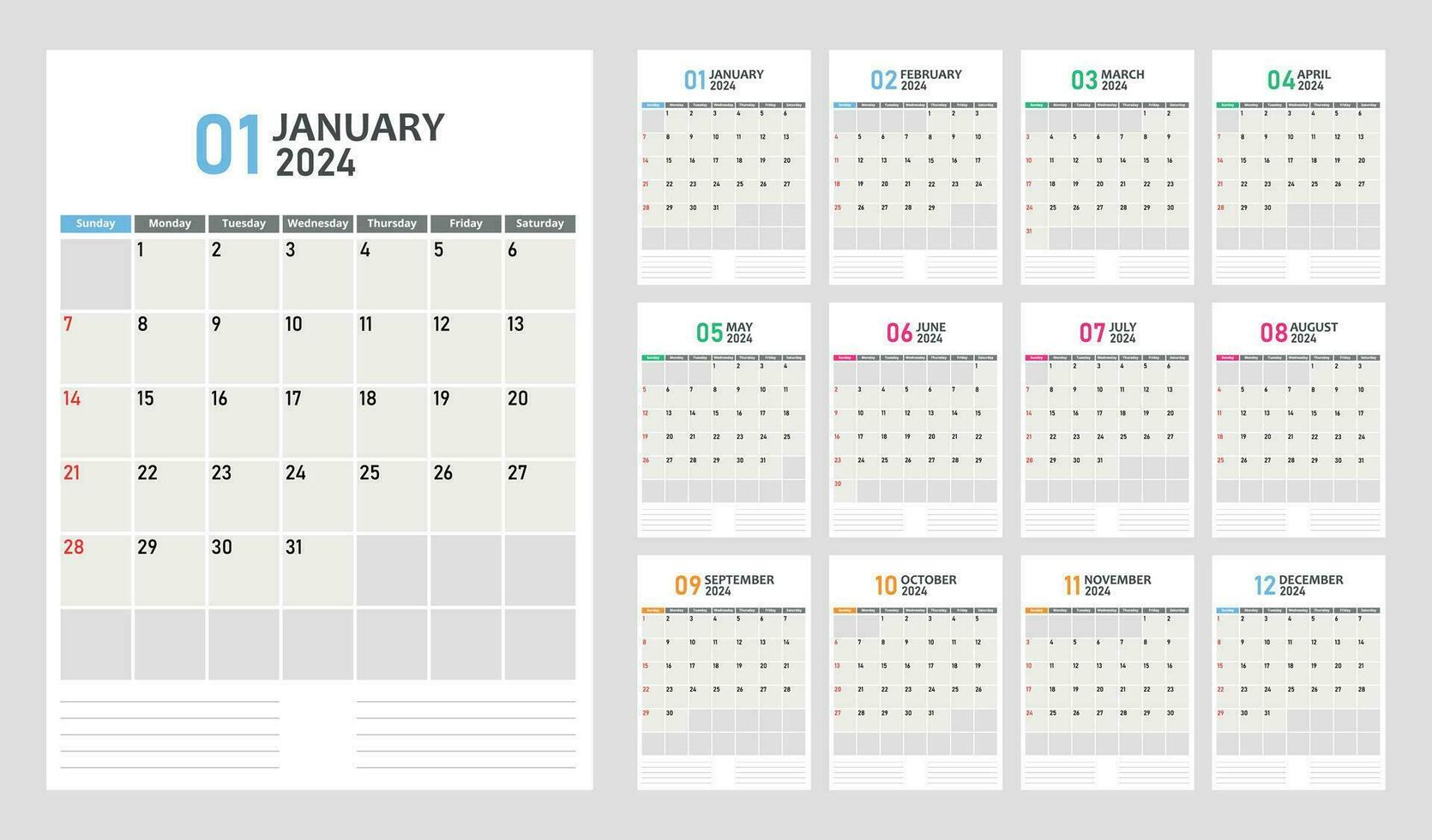 vektor kalender rutnät för 2024