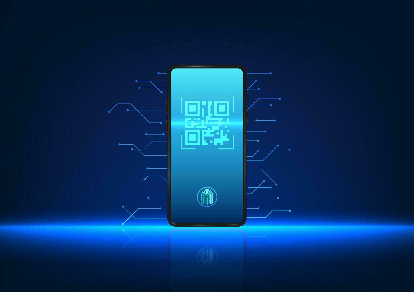 Smartphone Technologie Scannen qr Code das Handy, Mobiltelefon Telefon hat ein qr Code auf das Bildschirm und ein Technologie Schaltkreis auf das zurück. zeigt an Zahlung oder Zugriff zu Daten über Telefon Scan vektor