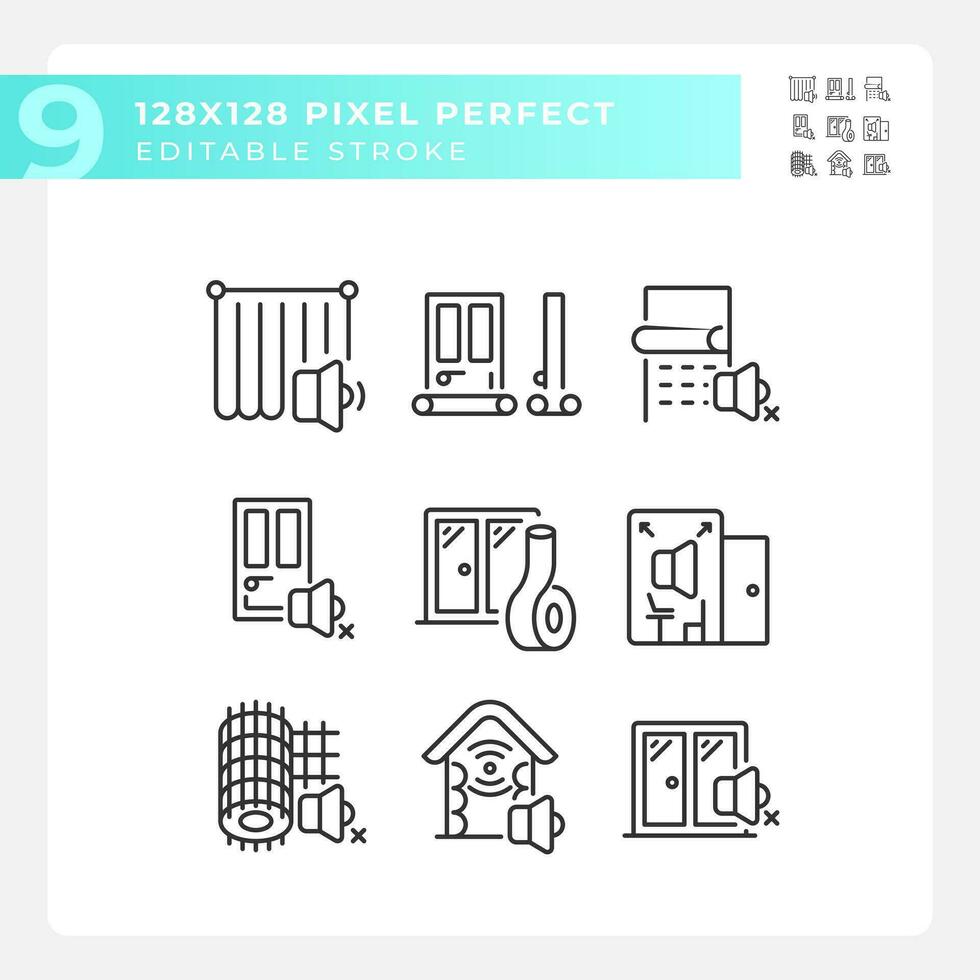 2d Pixel perfekt Sammlung von Symbole Darstellen Schalldämmung, editierbar schwarz dünn Linie Illustration. vektor